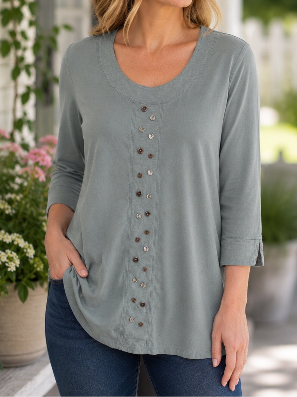 Neon Buddha Sage Green Button Detail Tunic Top Size Large Lagenlook Folk Art